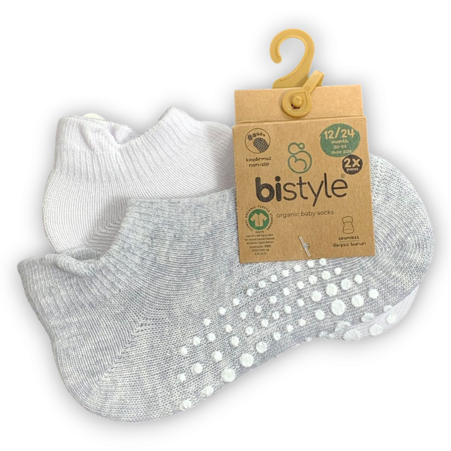 2 pcs Organic Cotton Non-slip Low Cut Socks (Grey/White)