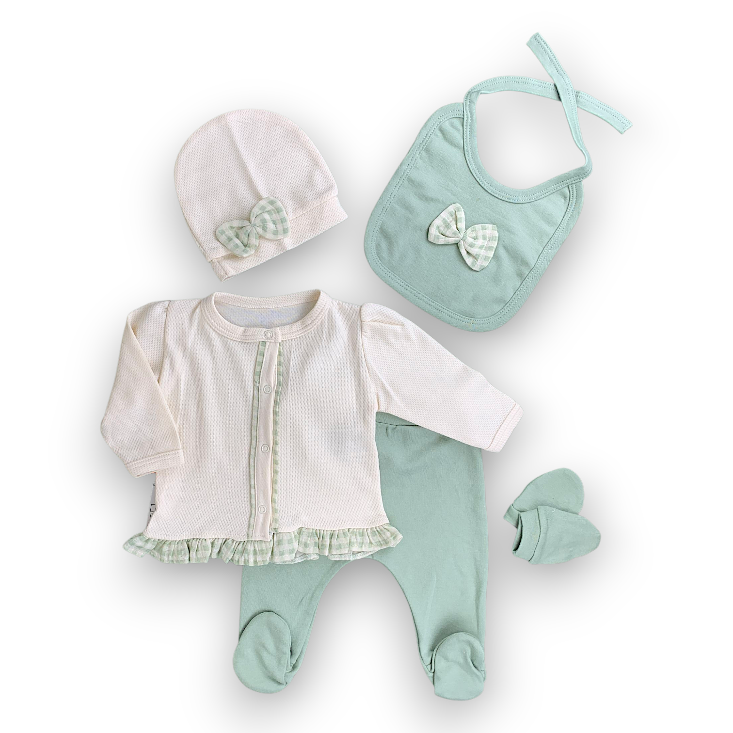 BY202100 Checkered Ruffles Wrapover 5pc Hospital Set Set, Girl, Long sleeve, Beige, green, Bow, bib, mittens, L7, cathos5pcs Beyaz