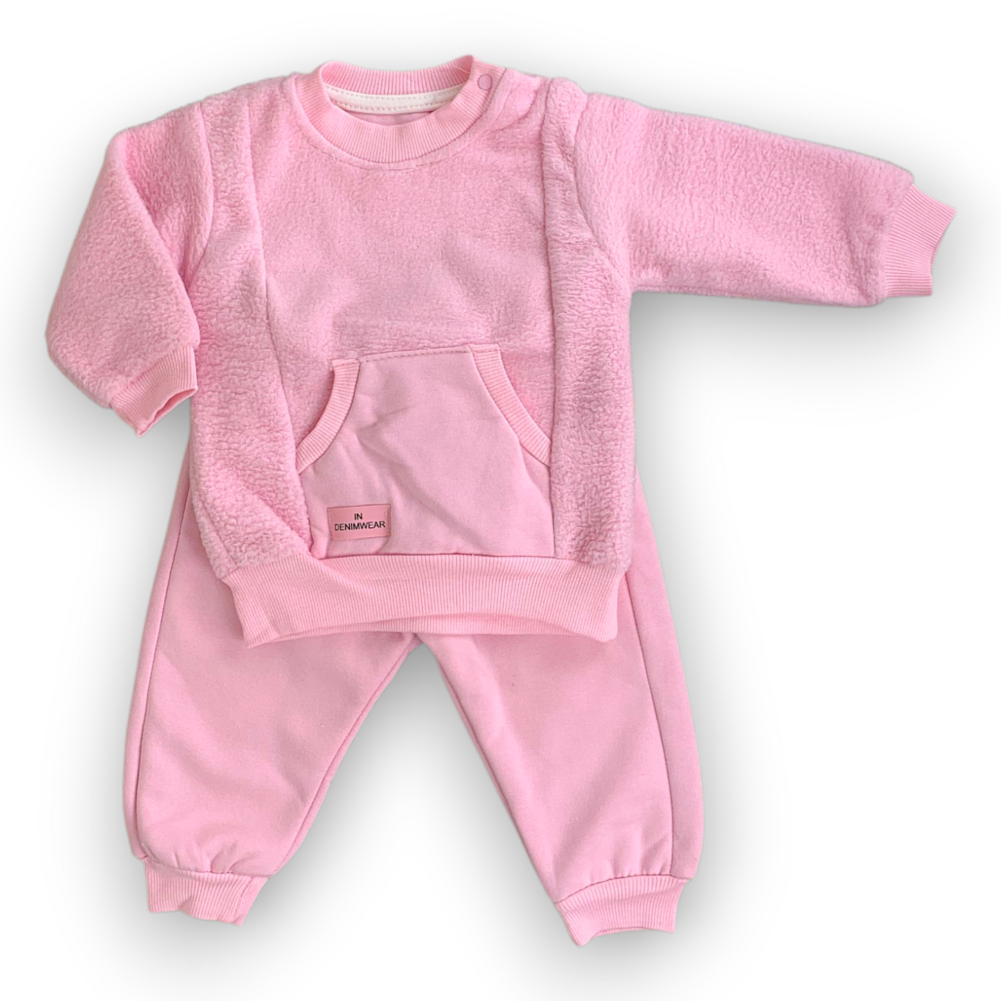 BY204109 Kangaroo Pocket Pink Set 2pcs with Fleece Pants Set, catset2pcs, Girl, Long sleeve, Pink, Pocket, fleece, L7 Beyaz