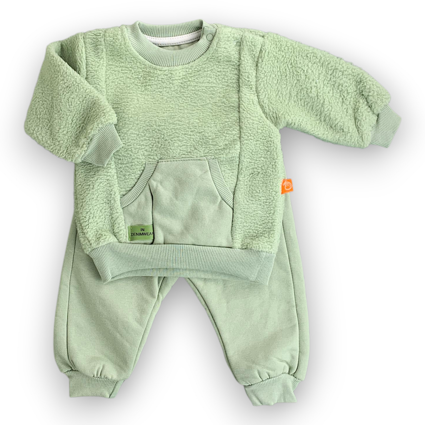 BY204209 Kangaroo Pocket Green Set 2pcs with Fleece Pants Set, catset2pcs, Girl, Boy, Unisex, Long sleeve, Green, Pocket, fleece, L7 Beyaz