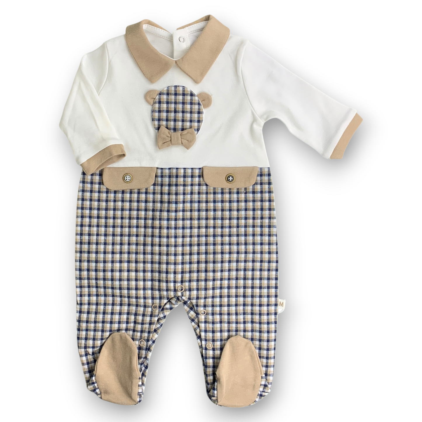 MM2011 Bear with Bow Beige and Navy Square Pattern Jumpsuit