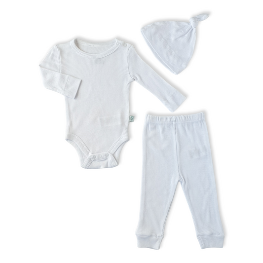 Organic Cotton Footless White Unisex Body With Pants and Cap-Basic, Body, Bodysuit, Boy, Cap, catboy, catgirl, catset3pcs, catunisex, Creeper, Girl, Hat, Long Sleeve, Onesie, Organic, Pants, Unisex, White-BabyCosy-[Too Twee]-[Tootwee]-[baby]-[newborn]-[clothes]-[essentials]-[toys]-[Lebanon]