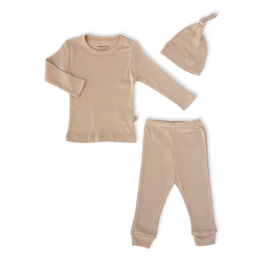Organic Cotton Light Brown Unisex Set with Cap-Basic, Beige, Boy, Brown, Cap, catboy, catgirl, catset3pcs, catunisex, Footless, Girl, Hat, Light Brown, Long Sleeve, Organic, Pants, Set, Shirt, Unisex-BabyCosy-[Too Twee]-[Tootwee]-[baby]-[newborn]-[clothes]-[essentials]-[toys]-[Lebanon]