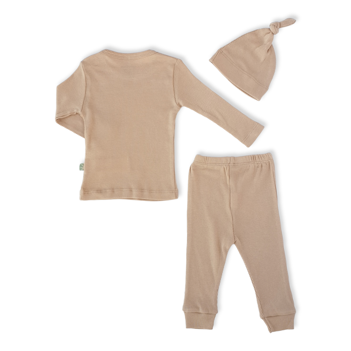 Organic Cotton Light Brown Unisex Set with Cap-Basic, Beige, Boy, Brown, Cap, catboy, catgirl, catset3pcs, catunisex, Footless, Girl, Hat, Light Brown, Long Sleeve, Organic, Pants, Set, Shirt, Unisex-BabyCosy-[Too Twee]-[Tootwee]-[baby]-[newborn]-[clothes]-[essentials]-[toys]-[Lebanon]