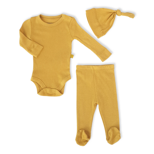 Organic Cotton Yellow Unisex Basic Body With Pants and Cap-Basic, Body, Bodysuit, Boy, Cap, catboy, catgirl, catset3pcs, catunisex, Creeper, Footed, Girl, Hat, Long Sleeve, Mustard, Onesie, Organic, Unisex, Yellow-BabyCosy-[Too Twee]-[Tootwee]-[baby]-[newborn]-[clothes]-[essentials]-[toys]-[Lebanon]