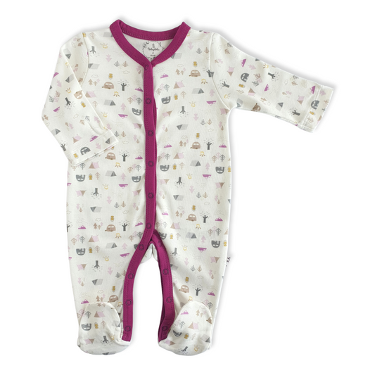 Organic Cotton White Burgundy Camp Baby Girl Jumpsuit-Burgundy, Camp, catgirl, Fire, Footed, Girl, Jumpsuit, Long Sleeve, Organic, Pink, Tent, Tree, White-Babydola-[Too Twee]-[Tootwee]-[baby]-[newborn]-[clothes]-[essentials]-[toys]-[Lebanon]