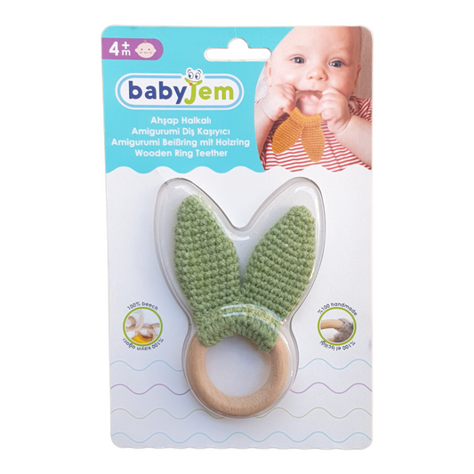 Green Handmade Cotton Teether-catteether, Cotton, Ears, Green, Handmade, Teething Bite, Theether, Wood-Babyjem-[Too Twee]-[Tootwee]-[baby]-[newborn]-[clothes]-[essentials]-[toys]-[Lebanon]