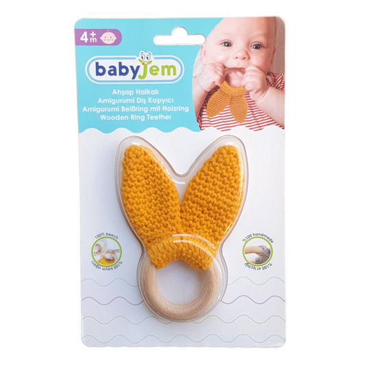Yellow Handmade Cotton Teether-catteether, Cotton, Ears, Handmade, Teeth, Teether, Teething, Teething Bite, Theether, Wood, Yellow-Babyjem-[Too Twee]-[Tootwee]-[baby]-[newborn]-[clothes]-[essentials]-[toys]-[Lebanon]