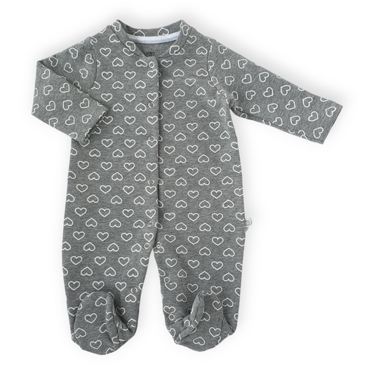 Grey Jumpsuit with Hearts-Boy, catboy, catgirl, catunisex, Footed, Girl, Grey, Hearts, Jumpsuit, Long Sleeve, SS23, Unisex, White-BiBaby-[Too Twee]-[Tootwee]-[baby]-[newborn]-[clothes]-[essentials]-[toys]-[Lebanon]