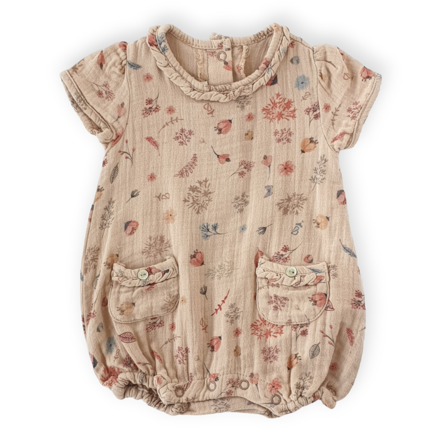 Flowers and Leaves Beige Baby Girl Romper With Pockets