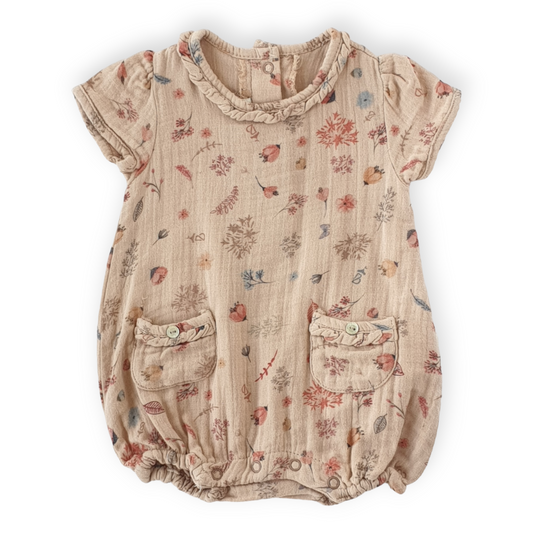 Flowers and Leaves Beige Baby Girl Romper With Pockets-Beige, Catgirl, Catromper, Flowers, Girl, Leaves, Romper, Short sleeve, SS23-Babydola-[Too Twee]-[Tootwee]-[baby]-[newborn]-[clothes]-[essentials]-[toys]-[Lebanon]