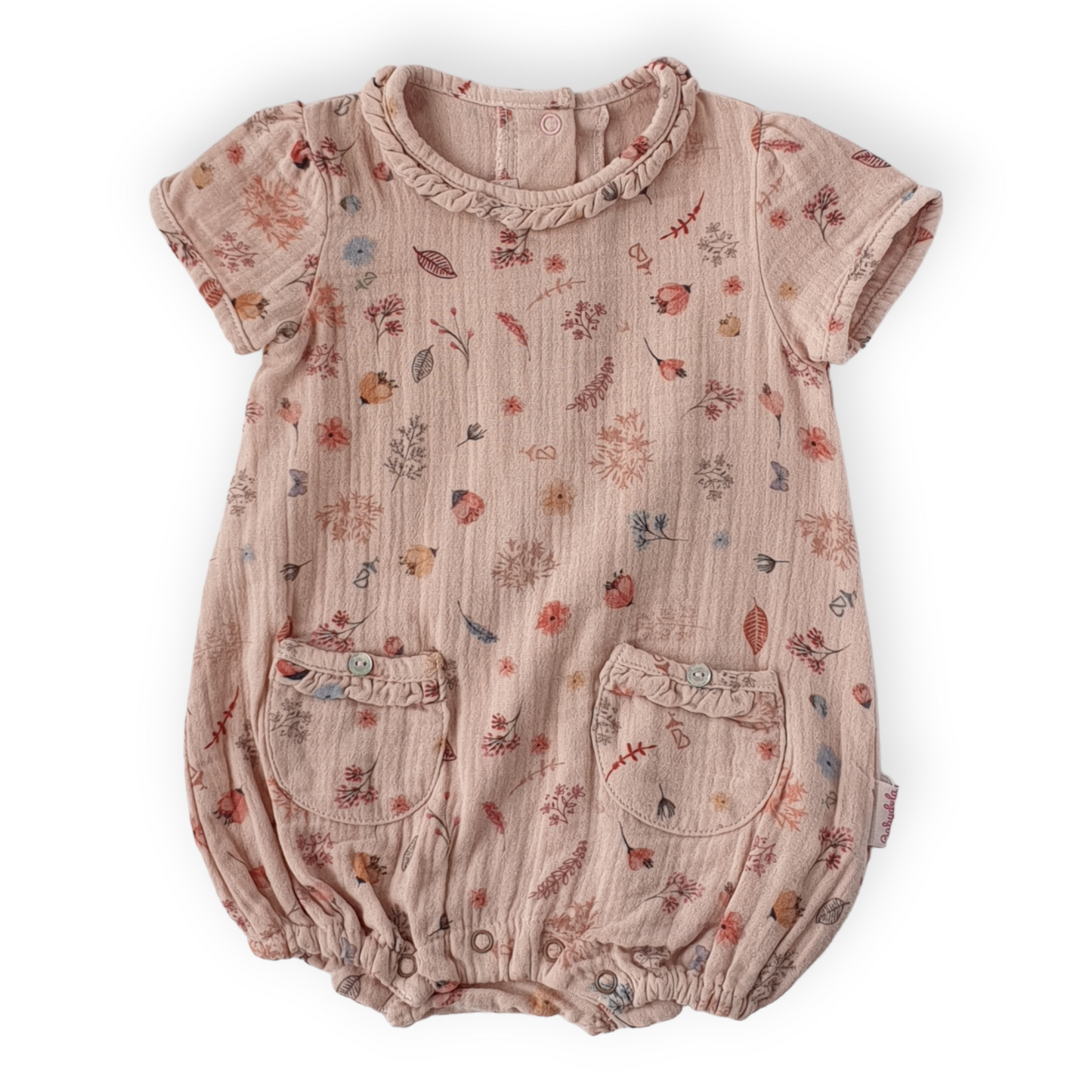 Flowers and Leaves Pink Baby Girl Romper With Pockets