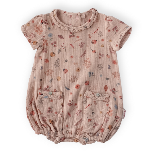Flowers and Leaves Pink Baby Girl Romper With Pockets-Catgirl, Catromper, Flowers, Girl, Leaves, Pink, Romper, Short sleeve, SS23-Babydola-[Too Twee]-[Tootwee]-[baby]-[newborn]-[clothes]-[essentials]-[toys]-[Lebanon]