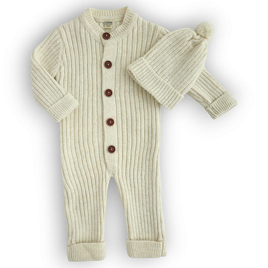 Beige Wool Jumpsuit with Cap-Beige, Boy, Cap, catboy, catgirl, catset2pcs, catunisex, Footless, FW23, Girl, Jumpsuit, Long sleeve, Off-white, Overall, Unisex, Winter, Wool-Beybek-[Too Twee]-[Tootwee]-[baby]-[newborn]-[clothes]-[essentials]-[toys]-[Lebanon]