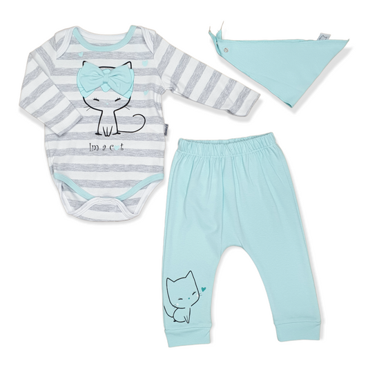 Blue I'm a Cat Baby Girl Body with Pants and Bib-Bib, Blue, Body, Bodysuit, Cat, catgirl, catset3pcs, Creeper, Footless, Girl, Grey, Light Blue, Long Sleeve, Onesie, Pants-Miniworld-[Too Twee]-[Tootwee]-[baby]-[newborn]-[clothes]-[essentials]-[toys]-[Lebanon]