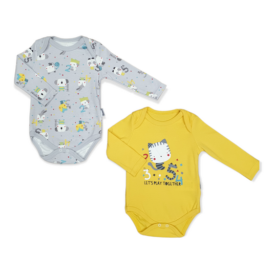 2pcs Yellow Lets Play Together Unisex Body-Animals, Body, Bodysuit, Boy, Cat, catboy, catgirl, Cats, catunisex, Creeper, Girl, Grey, Long Sleeve, Numbers, Onesie, Panda, Play, Rabbit, Together, Unisex, Yellow-Miniworld-[Too Twee]-[Tootwee]-[baby]-[newborn]-[clothes]-[essentials]-[toys]-[Lebanon]