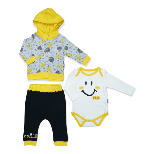 3pcs Smile Company Baby Boy Body with Pants and Jacket-Black, Body, Bodysuit, Boy, catboy, catset3pcs, Creeper, Footless, Girl, Grey, Jacket, Long Sleeve, Onesie, Pants, Smile, Smiley, Smilies, Unisex, White, Yellow-Miniworld-[Too Twee]-[Tootwee]-[baby]-[newborn]-[clothes]-[essentials]-[toys]-[Lebanon]