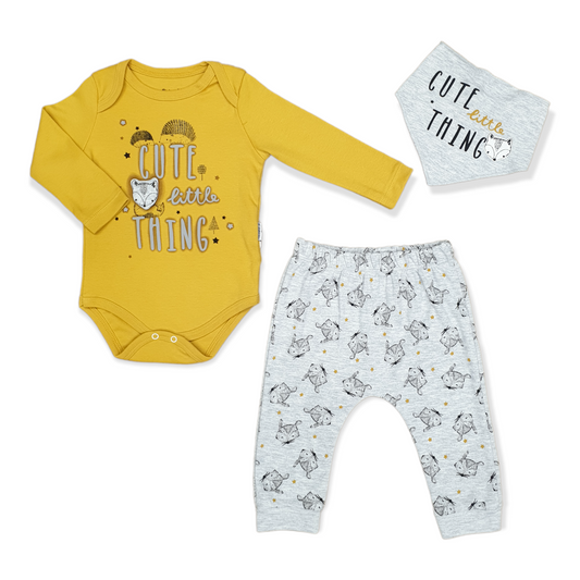 Yellow Cute Little Thing Unisex Body with Pants and Bib-Animals, Bib, Body, Bodysuit, Boy, Cartoon, catboy, catgirl, catset3pcs, catunisex, Creeper, Cute, Footless, Fox, Girl, Grey, Long Sleeve, Onesie, Pants, Stars, Unisex, Yellow-Miniworld-[Too Twee]-[Tootwee]-[baby]-[newborn]-[clothes]-[essentials]-[toys]-[Lebanon]