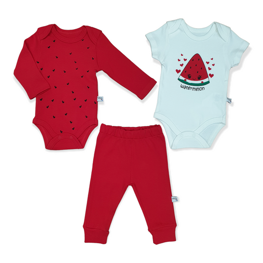 Watermelon Baby Girl Body With Pants-Body, Bodysuit, catgirl, catset3pcs, Creeper, Footless, Girl, Onesie, Pants, Red, Short Sleeve, Watermelon, White-VEO-[Too Twee]-[Tootwee]-[baby]-[newborn]-[clothes]-[essentials]-[toys]-[Lebanon]