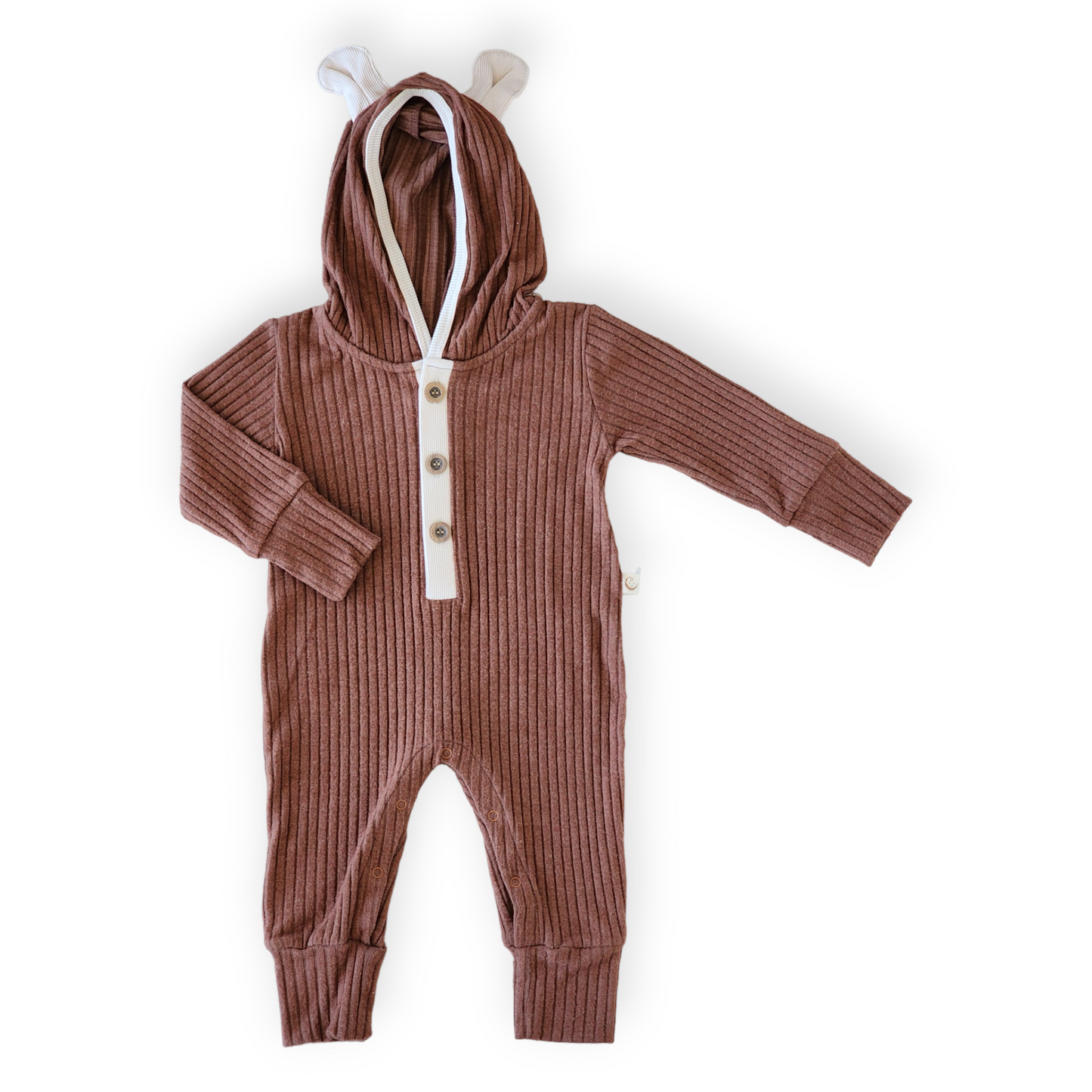 Brown Basic Jumpsuit with Ears on Hoodie