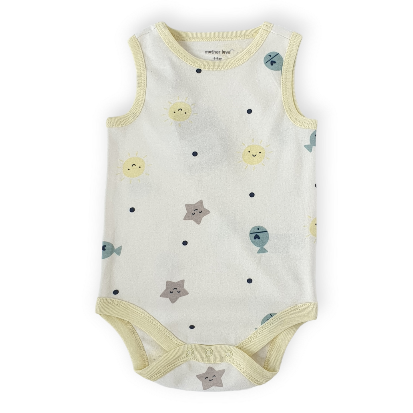 Organic Cotton Smiling Sun Sleeveless Body-Body, Bodysuit, Boy, Catboy, Catgirl, Catunisex, Creeper, Fish, Girl, Onesie, Sleeveless, Smile, SS23, Star, Sun, White, Yellow-Mother Love-[Too Twee]-[Tootwee]-[baby]-[newborn]-[clothes]-[essentials]-[toys]-[Lebanon]