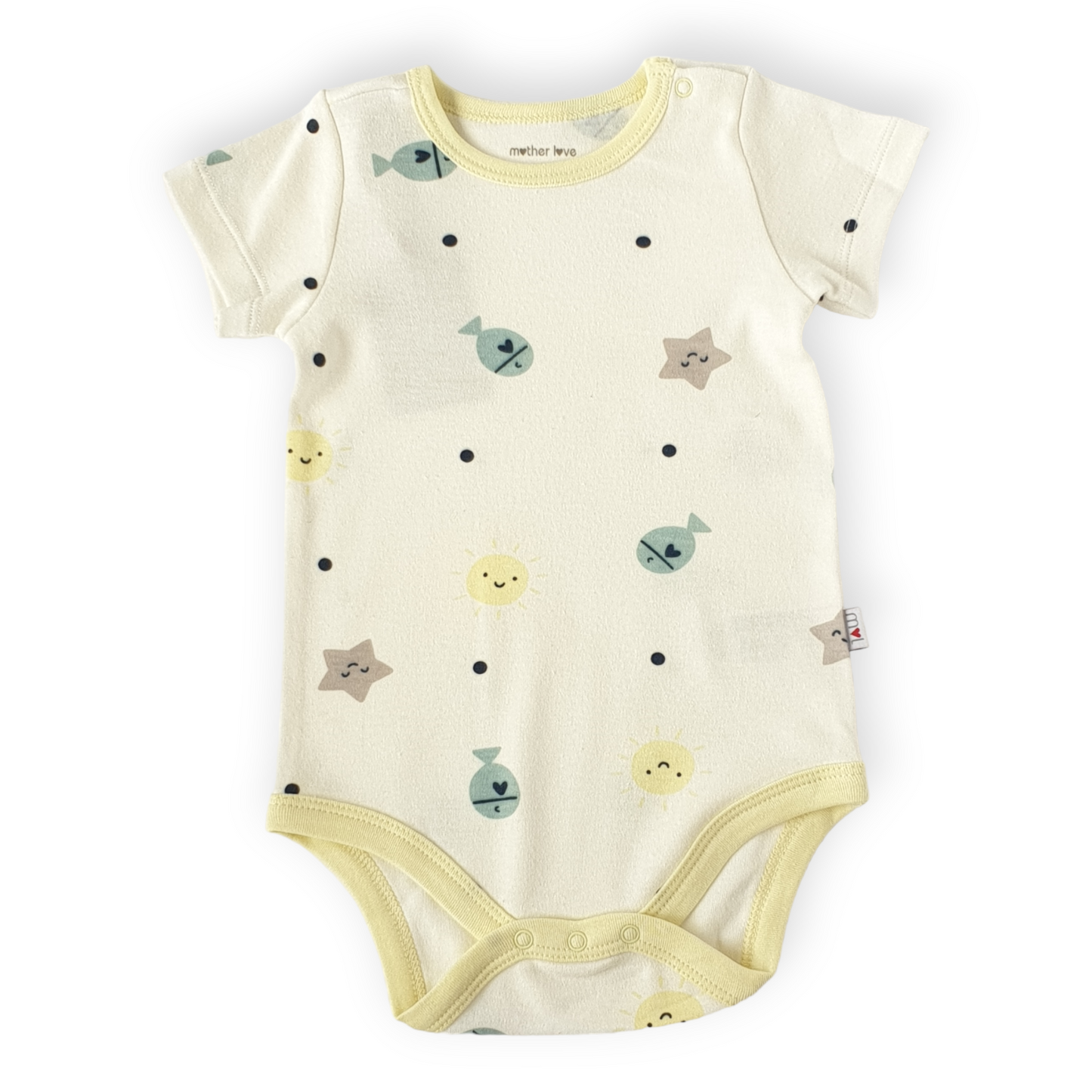 Organic Cotton Smiling Sun Short Sleeve Body-Body, Bodysuit, Boy, Catboy, Catgirl, Catunisex, Creeper, Fish, Girl, Onesie, Short sleeve, Smile, SS23, Star, Sun, White, Yellow-Mother Love-[Too Twee]-[Tootwee]-[baby]-[newborn]-[clothes]-[essentials]-[toys]-[Lebanon]