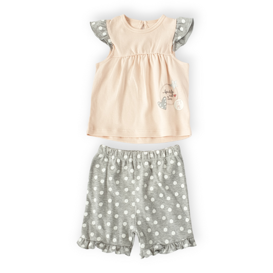 Sparkle and Love Baby Girl Set-Catgirl, Catset2pcs, Dots, Girl, Grey, Love, Pink, Set, Short sleeve, Shorts, SS23, Top-Mother Love-[Too Twee]-[Tootwee]-[baby]-[newborn]-[clothes]-[essentials]-[toys]-[Lebanon]