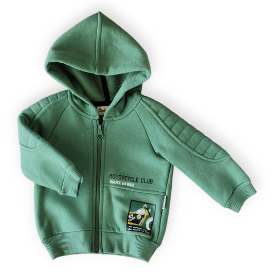 Motorcyle Club Green Warm Jacket with Hoodie-Boy, catboy, catjacket, FW23, Green, Jacket, Long Sleeve, Motorcycle, Velour, Warm-MiniWorld-[Too Twee]-[Tootwee]-[baby]-[newborn]-[clothes]-[essentials]-[toys]-[Lebanon]