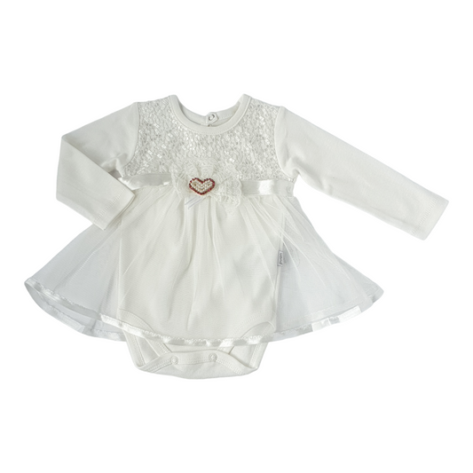 Off-White Dress with Heart-Catgirl, Dress, Flower, Girl, Heart, Long sleeve, Off-White, SS23-Puan Baby-[Too Twee]-[Tootwee]-[baby]-[newborn]-[clothes]-[essentials]-[toys]-[Lebanon]
