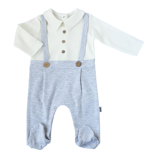 Light Blue and White Saloupette Jumpsuit-Boy, Catboy, Jumpsuit, Light Blue, Long Sleeve, Overall, SS23, White-Puan Baby-[Too Twee]-[Tootwee]-[baby]-[newborn]-[clothes]-[essentials]-[toys]-[Lebanon]