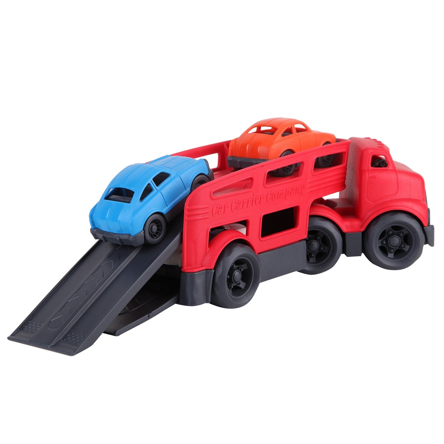 Red Car Carrier with 3 Colored Cars