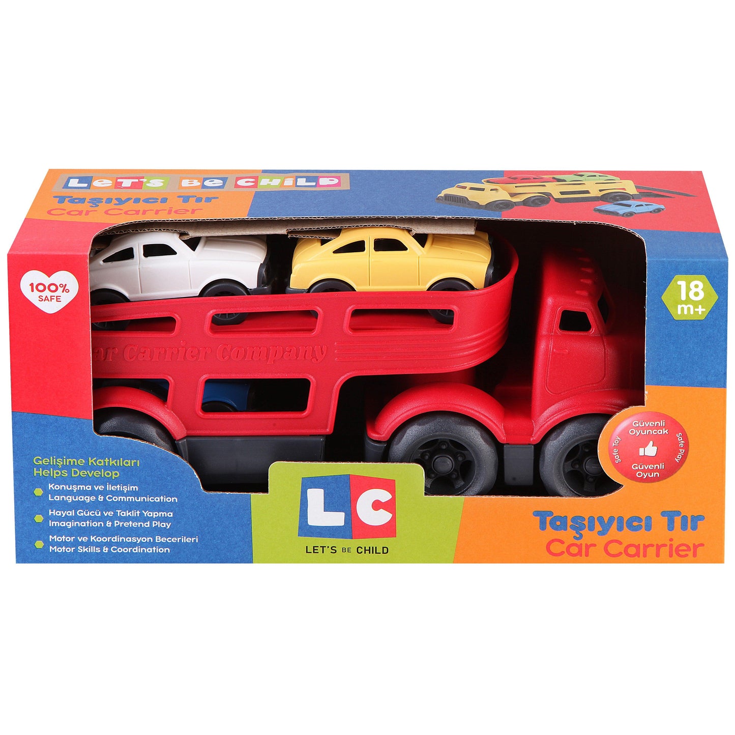 Red Car Carrier with 3 Colored Cars