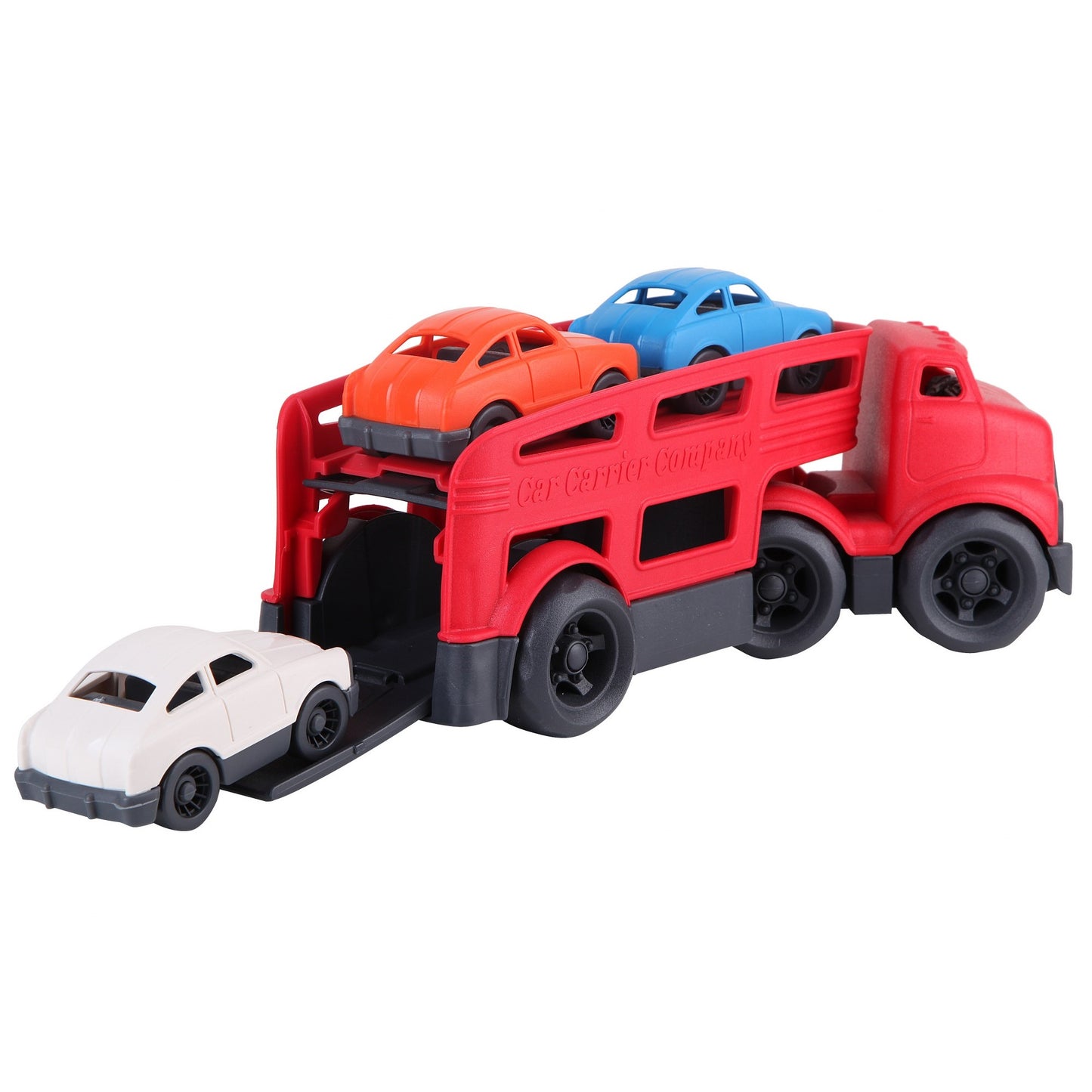 Red Car Carrier with 3 Colored Cars