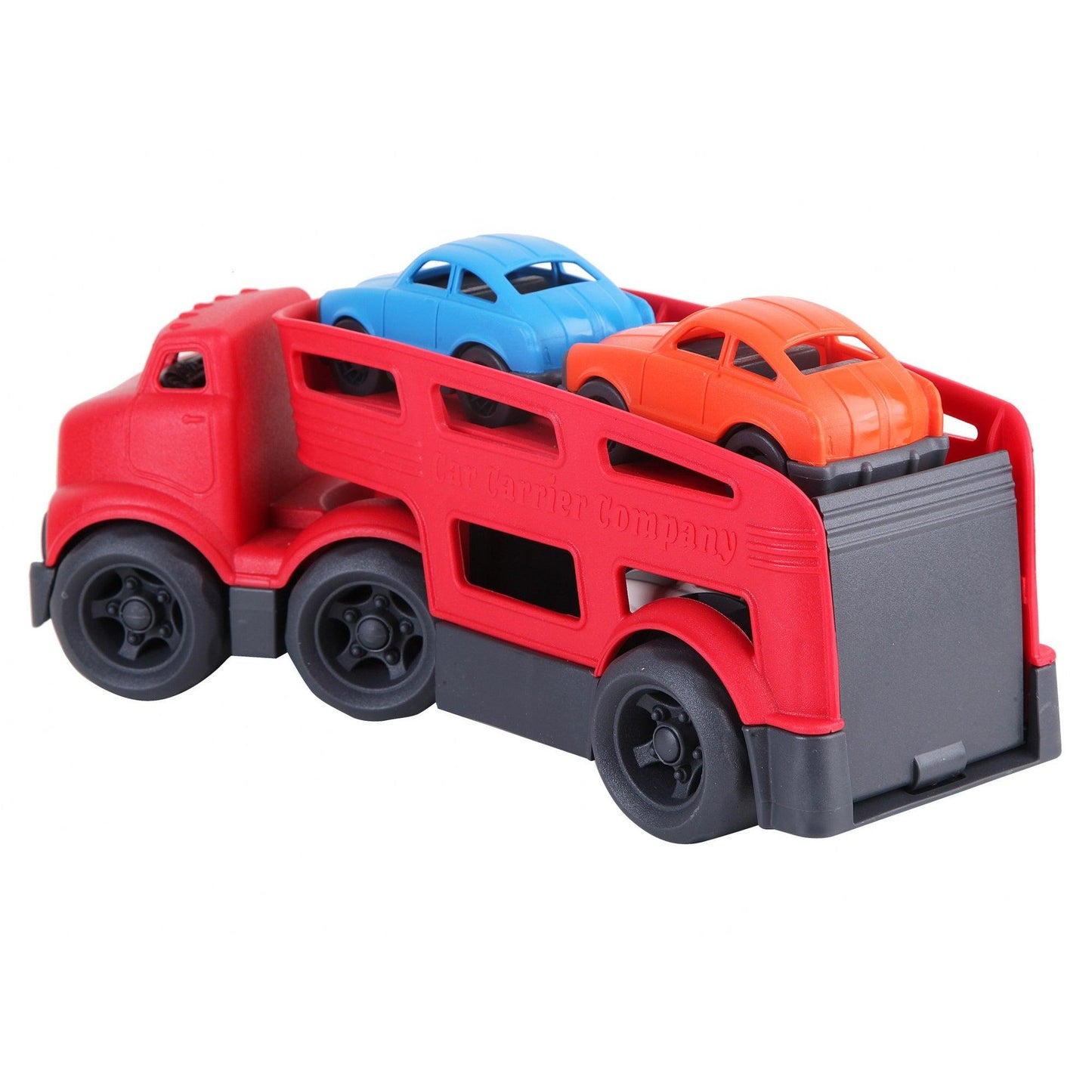 Red Car Carrier with 3 Colored Cars