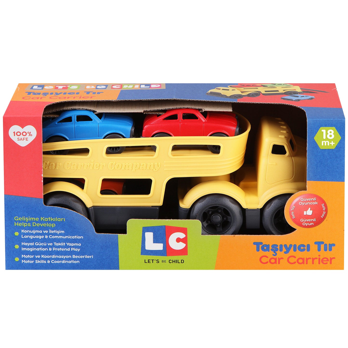 Yellow Car Carrier with 3 Colored Cars