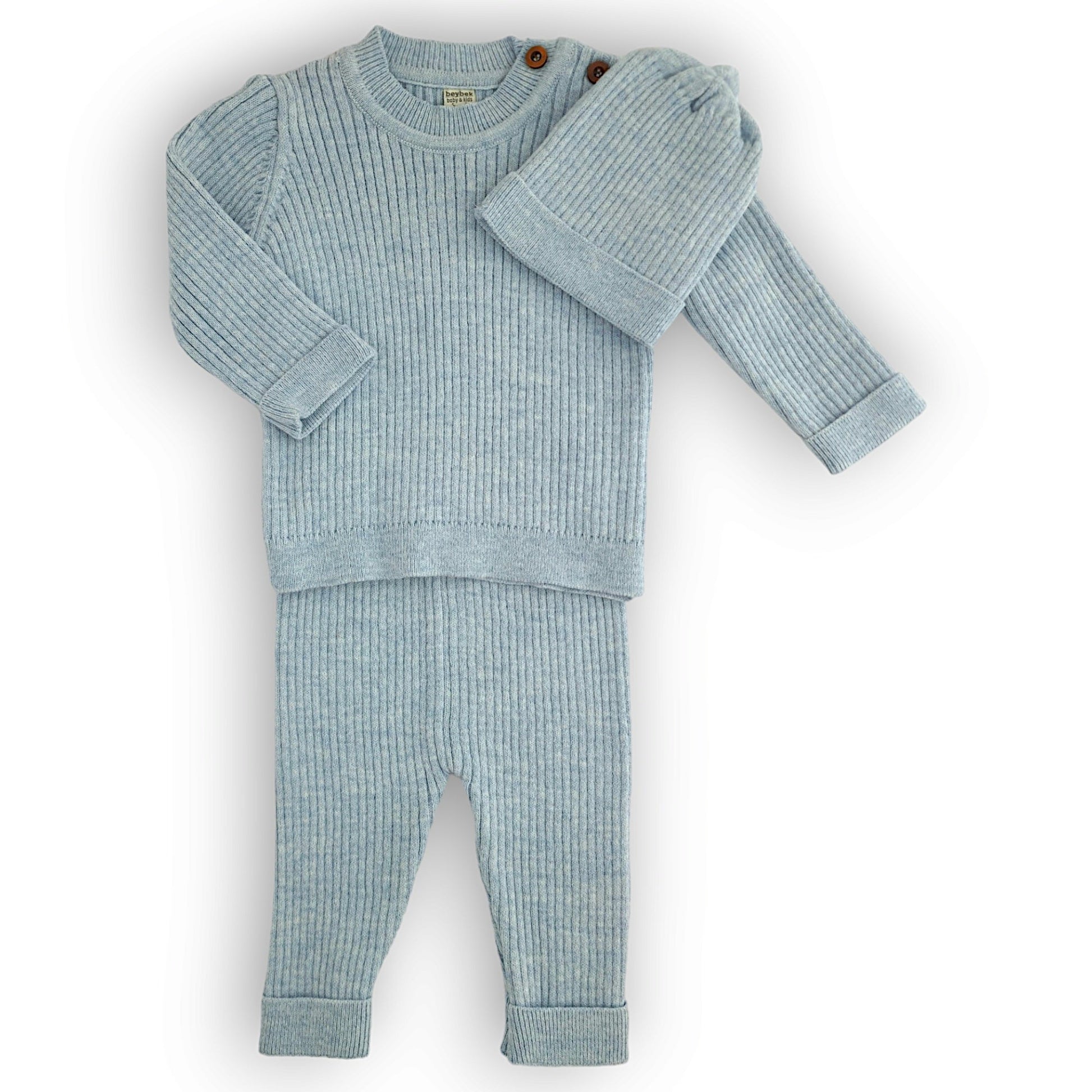 Blue Basic Cotton Set with Cap-Blue, Boy, Cap, catboy, catset2pcs, Footless, FW23, Long sleeve, Set-Beybek-[Too Twee]-[Tootwee]-[baby]-[newborn]-[clothes]-[essentials]-[toys]-[Lebanon]