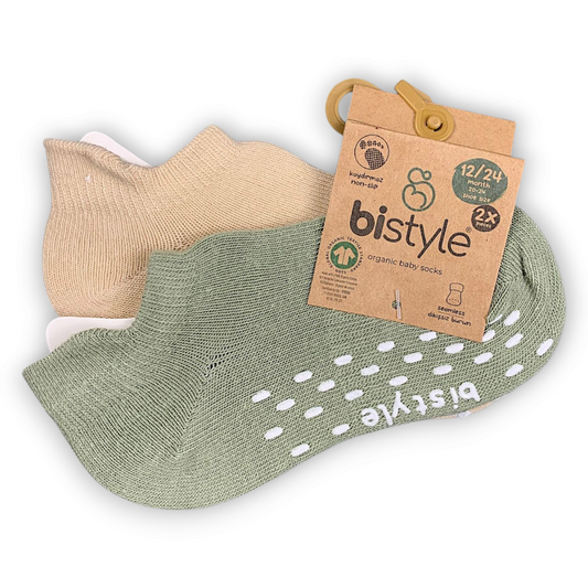 2 pcs Organic Cotton Non-slip Low Cut Socks (Green/Beige)