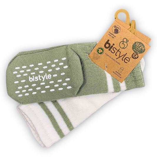 2 pcs Organic Cotton Non-slip High Cut Socks (Green/Beige)