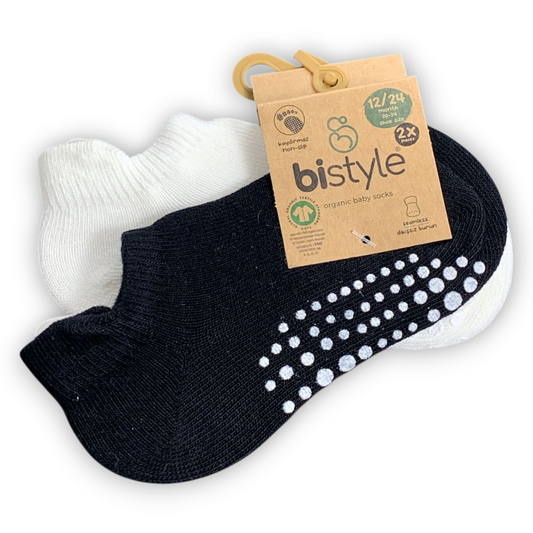 2 pcs Organic Cotton Non-slip Low Cut Socks (Black/Off-White)
