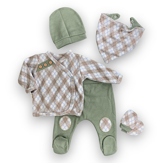BY201100 Checkered Pattern Wrapover 5pc Hospital Set Set, Boy, Long sleeve, Beige, green, Brown, bib, mittens, L7, cathos5pcs Beyaz