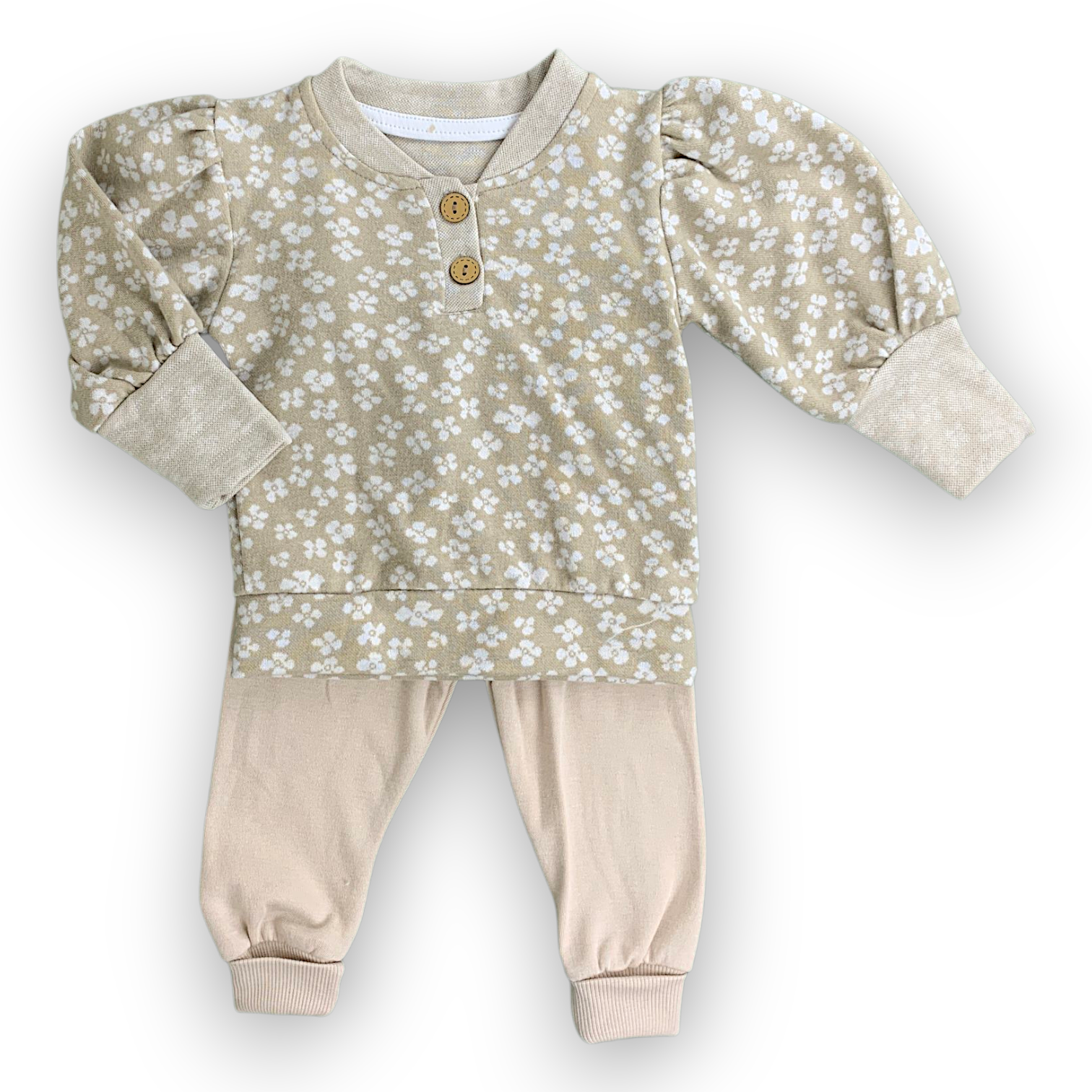 BY203109 White Flowers Set 2pcs Set, catset2pcs, Girl, Long sleeve, Beige, Brown, Flower, L7 Beyaz