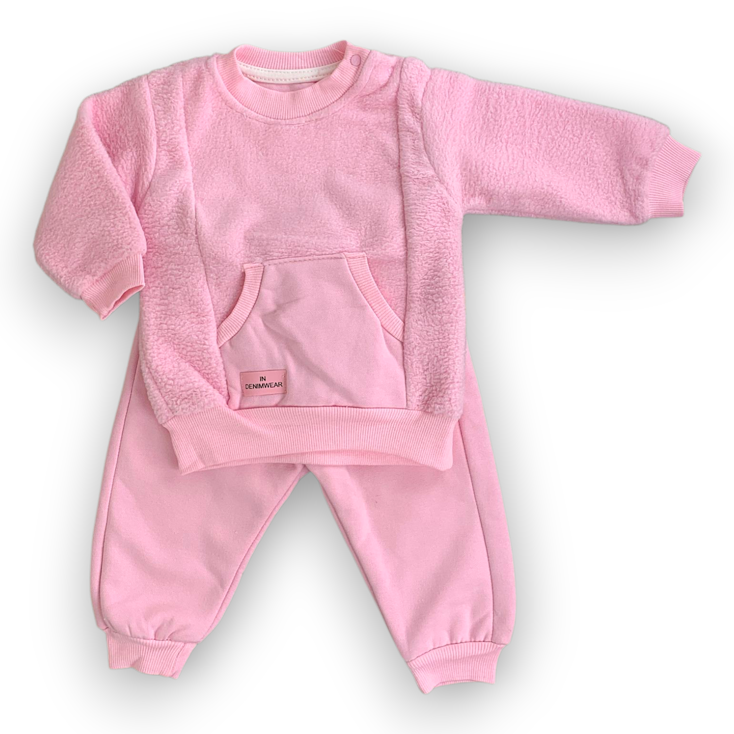 BY204109 Kangaroo Pocket Pink Set 2pcs with Fleece Pants Set, catset2pcs, Girl, Long sleeve, Pink, Pocket, fleece, L7 Beyaz