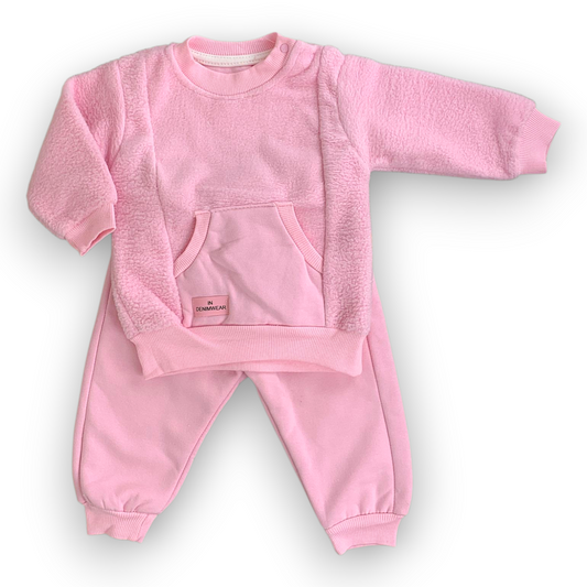 BY204109 Kangaroo Pocket Pink Set 2pcs with Fleece Pants Set, catset2pcs, Girl, Long sleeve, Pink, Pocket, fleece, L7 Beyaz