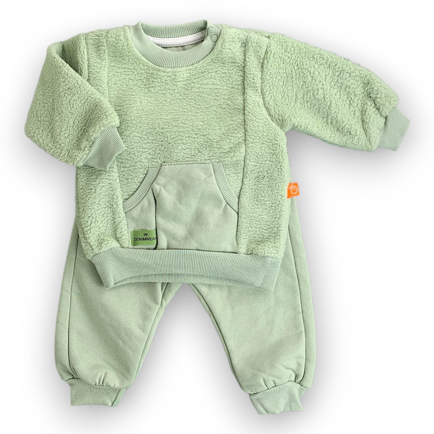 BY204209 Kangaroo Pocket Green Set 2pcs with Fleece Pants Set, catset2pcs, Girl, Boy, Unisex, Long sleeve, Green, Pocket, fleece, L7 Beyaz
