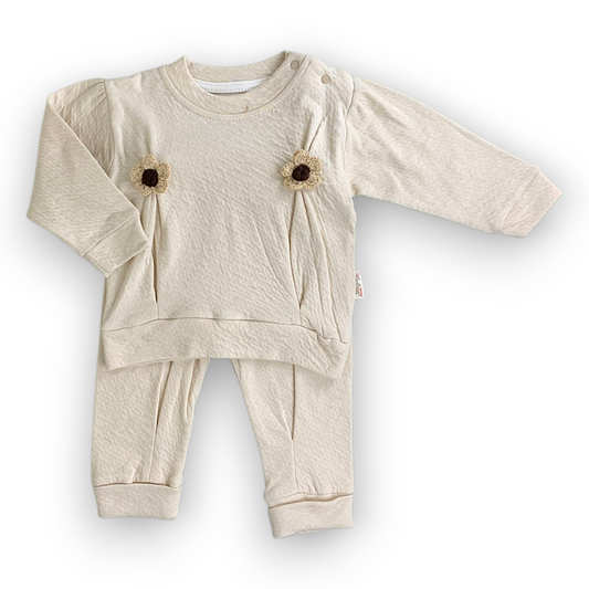 BY207109 Two Daisies Set 2pcs Set, catset2pcs, Girl, Long sleeve, Beige, Flowers, Flower, Daisy, L7 Beyaz