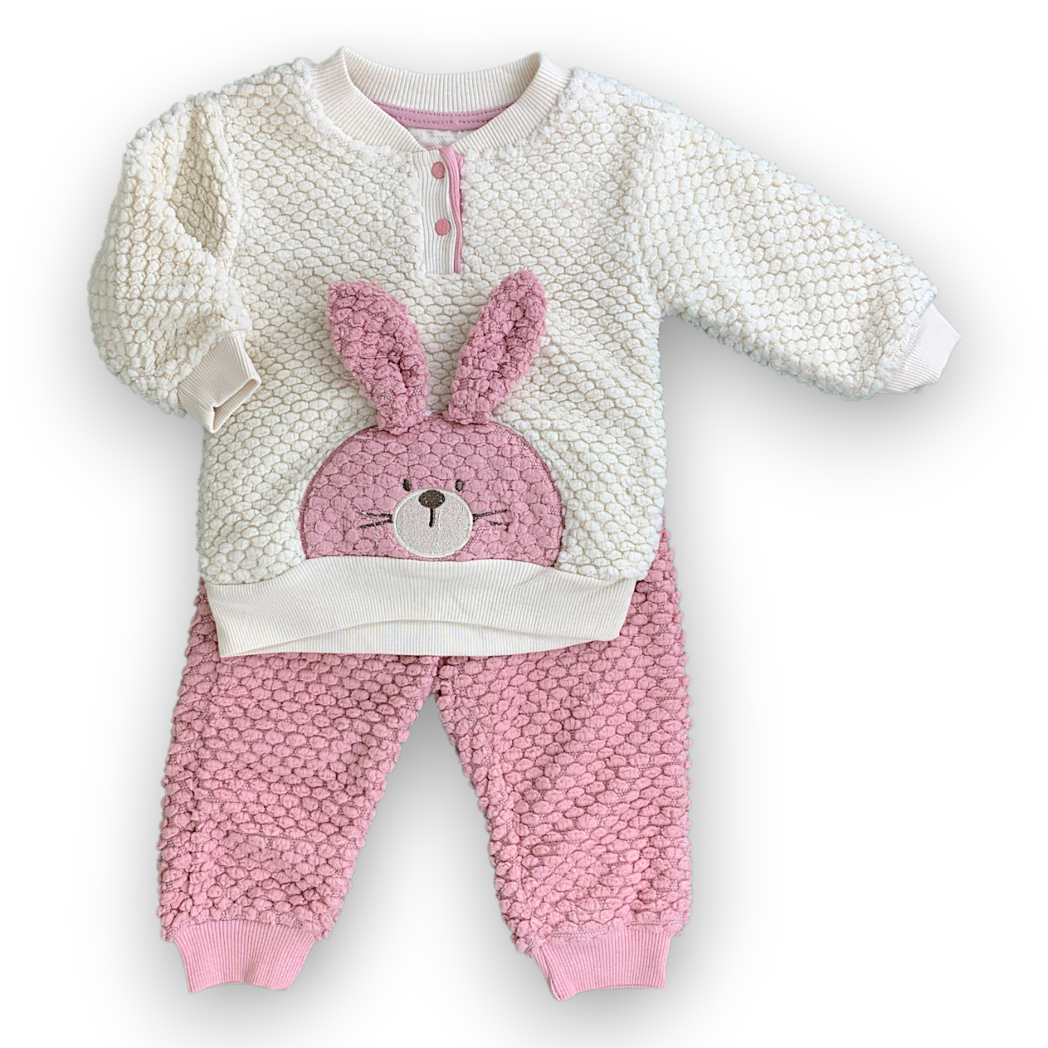 BY211109 Fleece Bubble Knit Bunny Pink Set 2pcs  Set, catset2pcs, Girl, Long sleeve, Pink, Beige, Bunny, Ears, L7, Fleece Beyaz