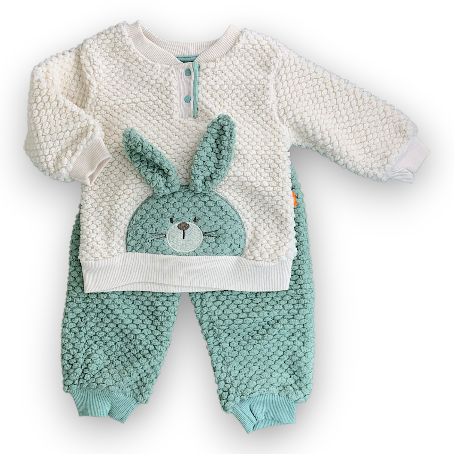 BY211209 Fleece Bubble Knit Bunny Green Set 2pcs  Set, catset2pcs, Girl, Boy, Unisex, Long sleeve, Green, Beige, Bunny, Ears, L7, Fleece Beyaz