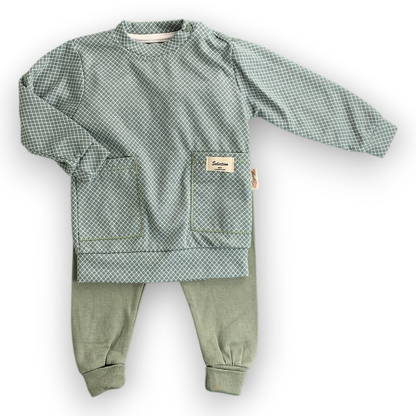 BY218109 Square Pattern With Pockets Set 2pcs  Set, catset2pcs, Boy, Long sleeve, Green, L7 Beyaz