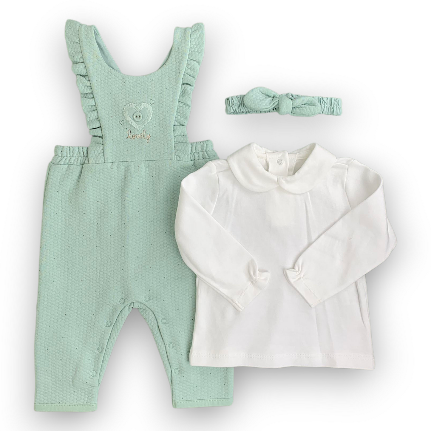 CA201103 Lovely Girl Salopette Set 3pcs Set, catset3pcs, Girl, Green, Winter, Heart, White, Band, Bandana, L6