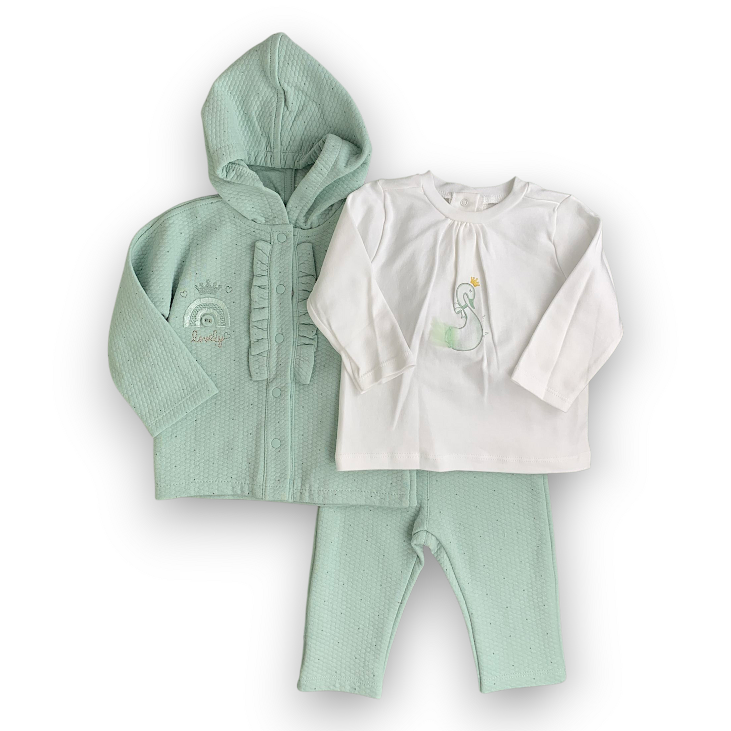 CA201103 Lovely Girl Salopette Set 3pcs Set, catset3pcs, Girl, Green, Winter, Heart, White, Band, Bandana, L6